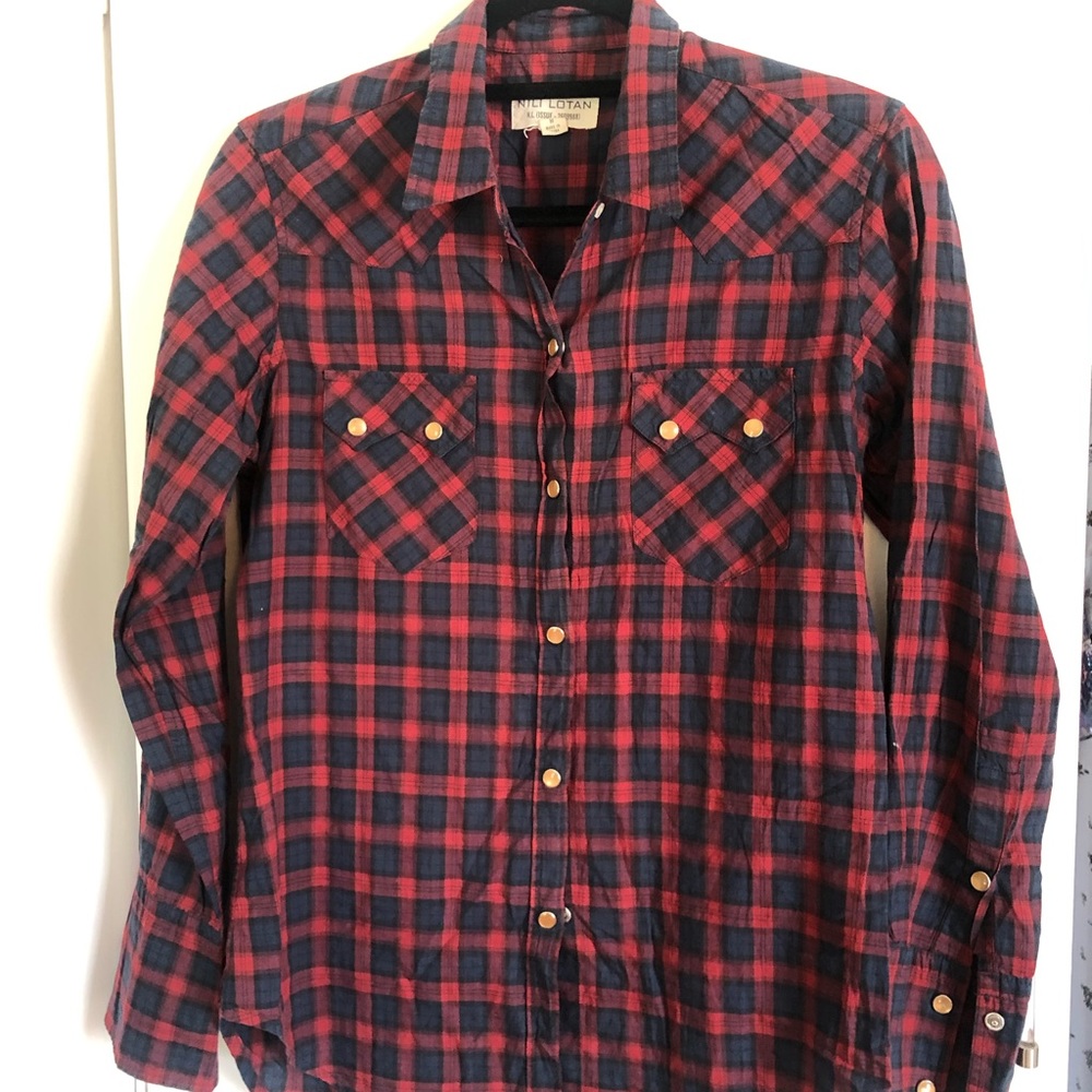 Nili Lotan red plaid pearl snap button down M